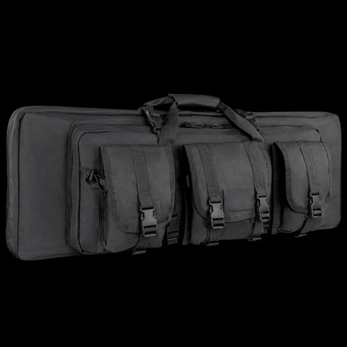 The Condor 36 Double Rifle Case, a black tactical bag with three front pockets, carrying handles, and buckle closures, is designed for military or first responder use and displayed against a white background.